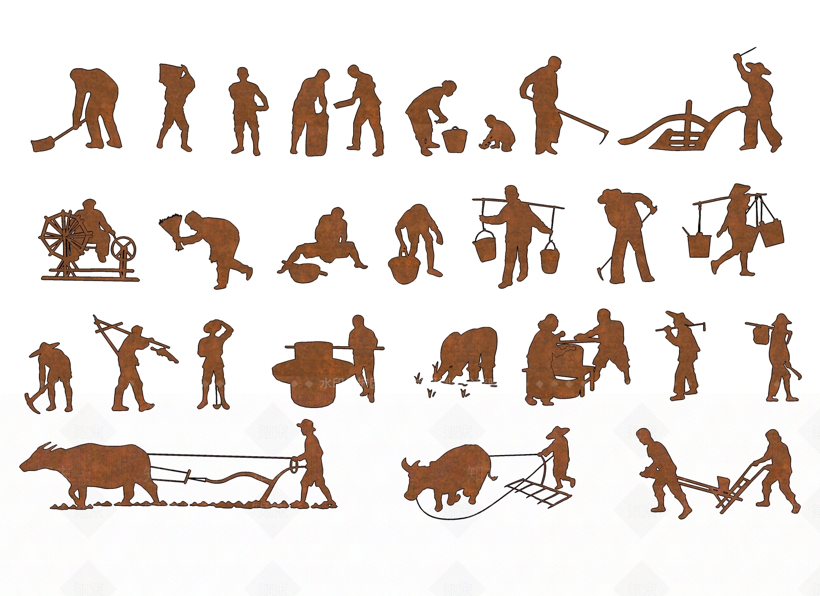 2d中式农耕文化铁锈板剪影景观小品SU模型下载【ID:1118465044】