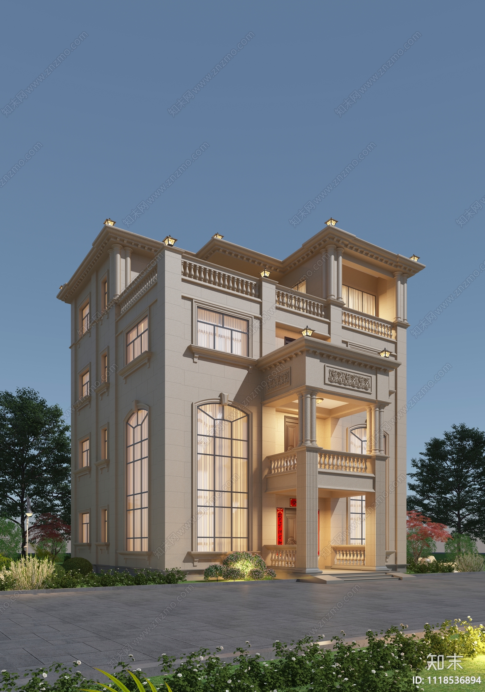 欧式简约别墅外观施工图加效果图施工图下载【ID:1118536894】