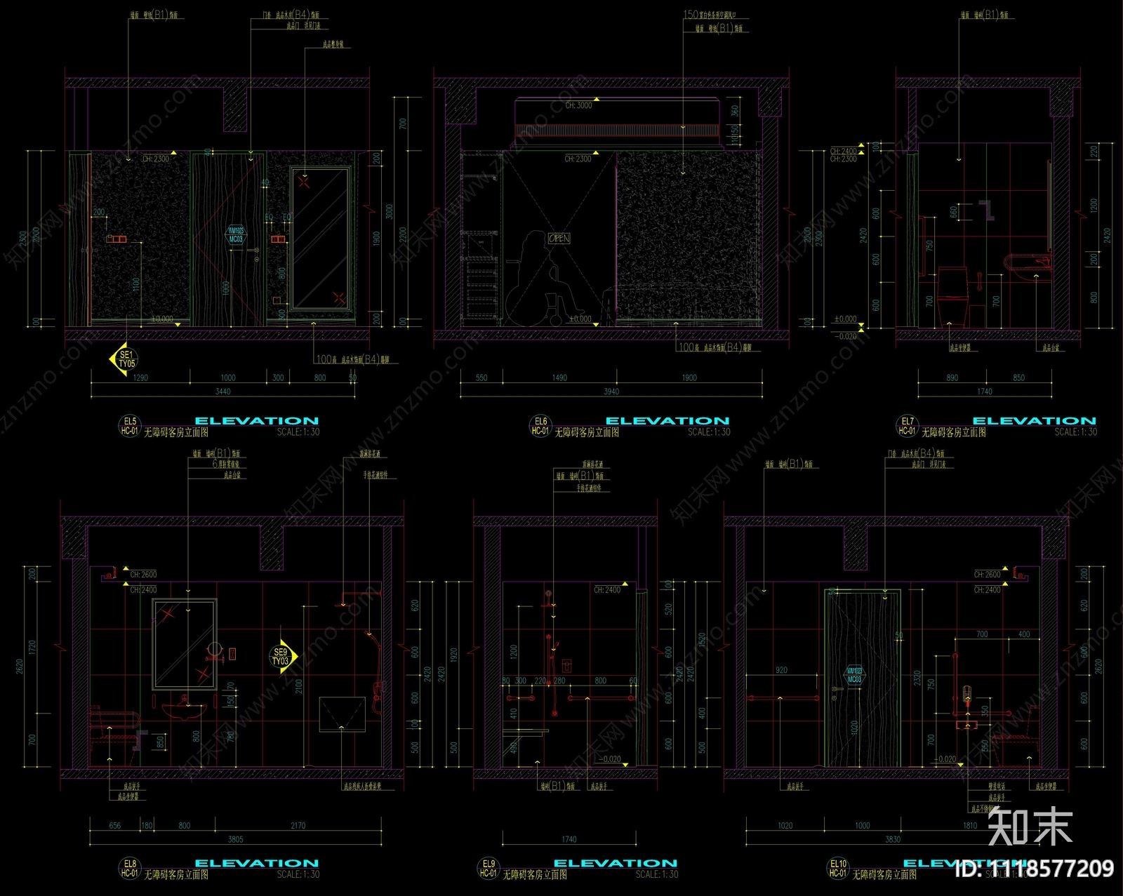 高档商务酒店无障碍客房装修图施工图施工图下载【ID:1118577209】