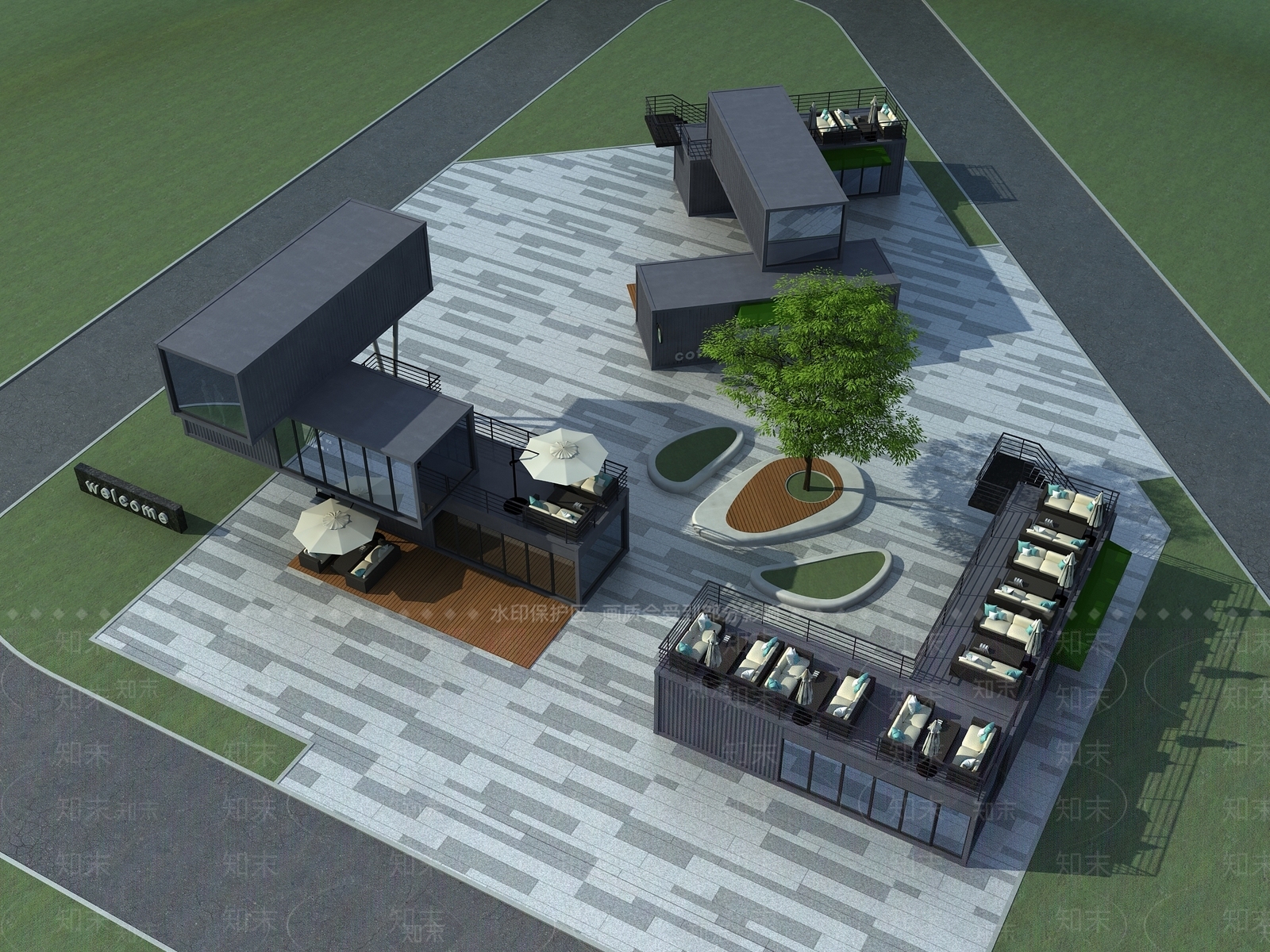 工业风集装箱广场鸟瞰3D模型下载【ID:1118629689】