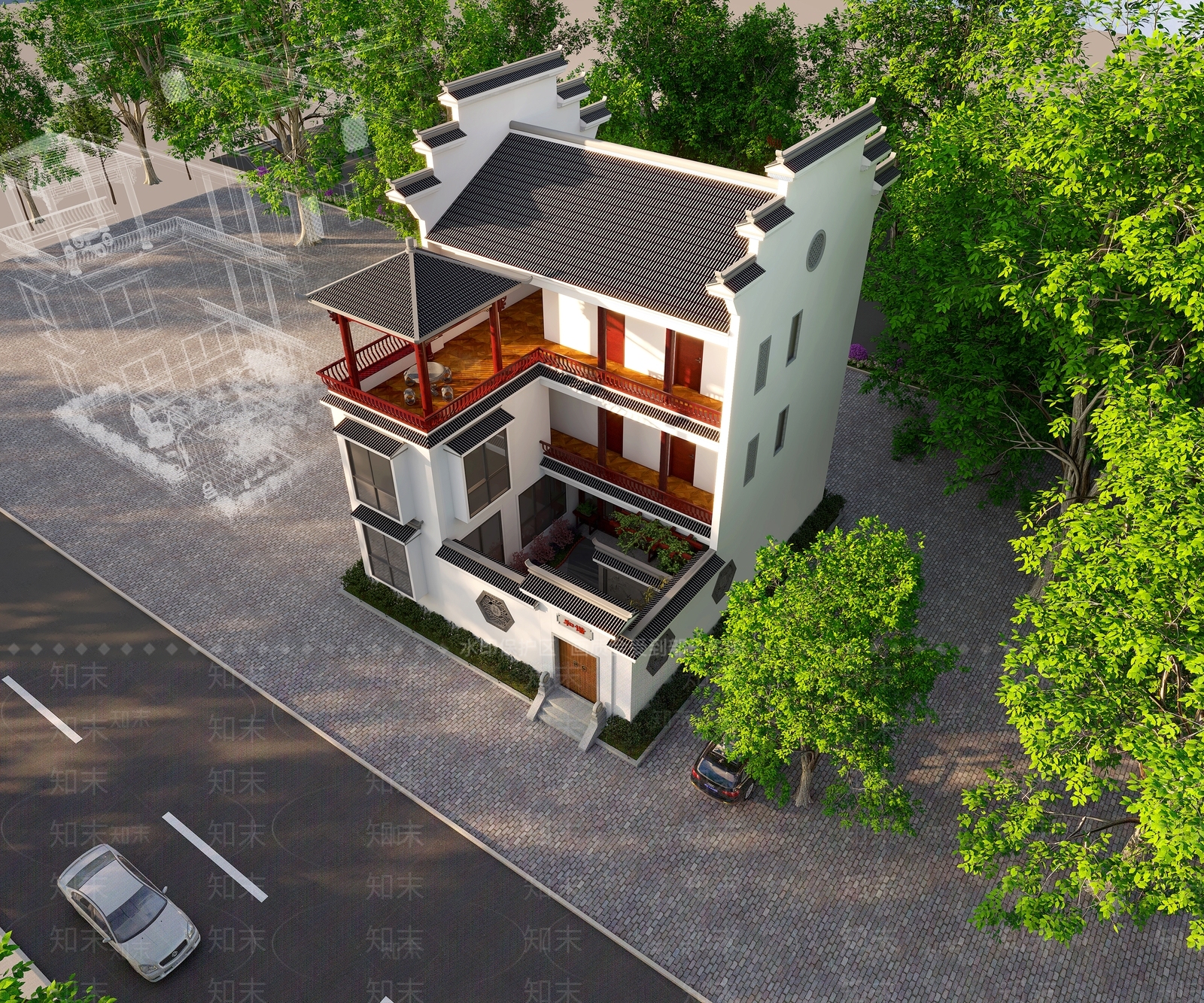 新中式徽派庭院别墅3D模型下载【ID:1118679342】