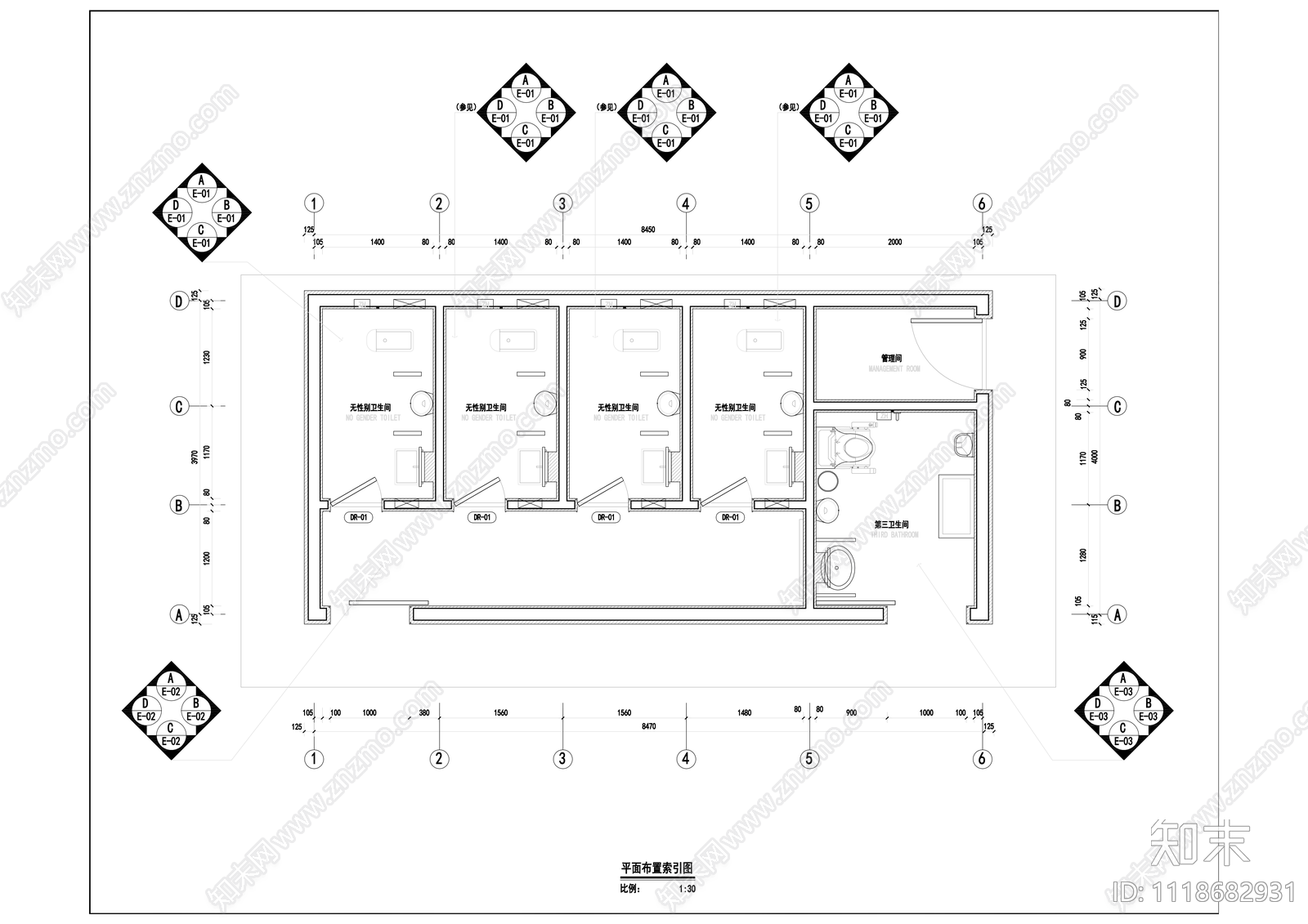 公共卫生间室内外施工图效果图cad施工图下载【ID:1118682931】