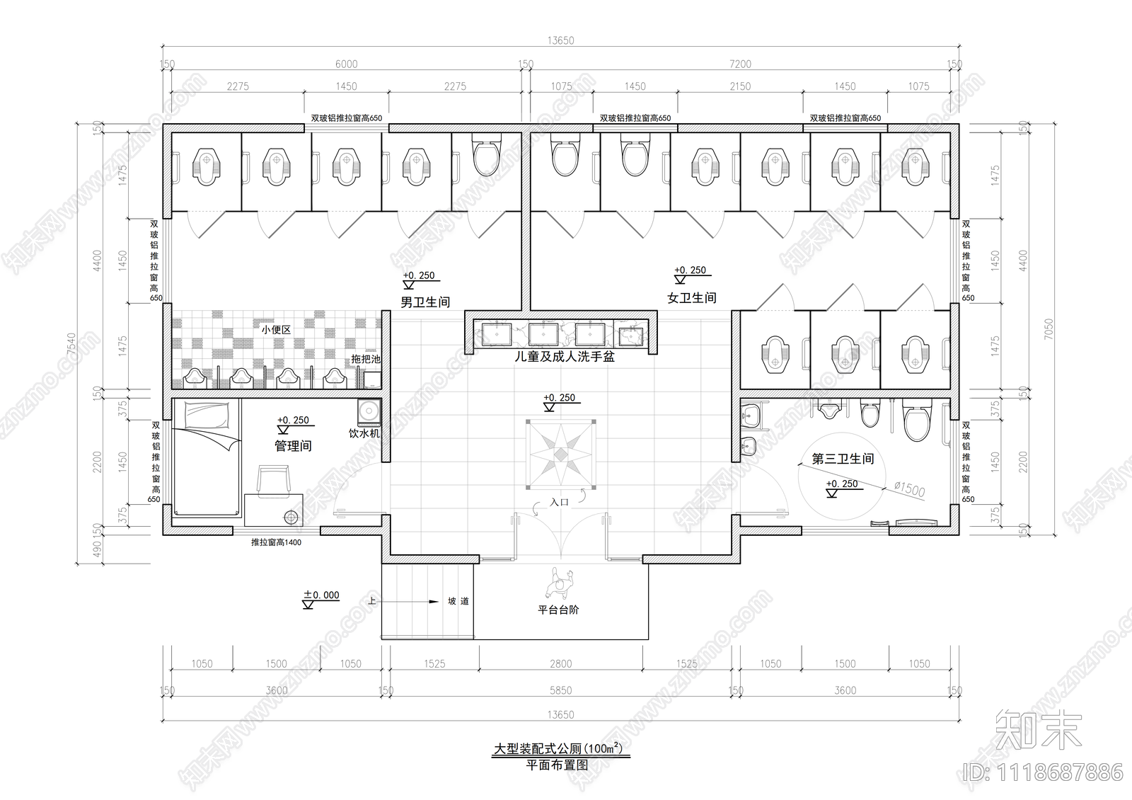 143平米公共卫生间平面cad施工图下载【ID:1118687886】