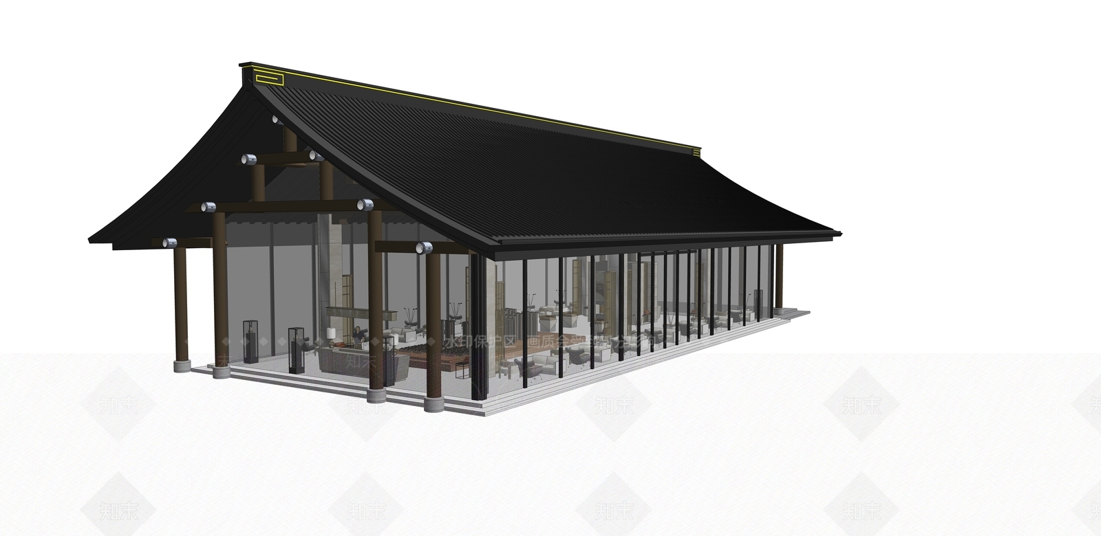 中式坡屋顶式售楼部SU模型下载【ID:1118690904】
