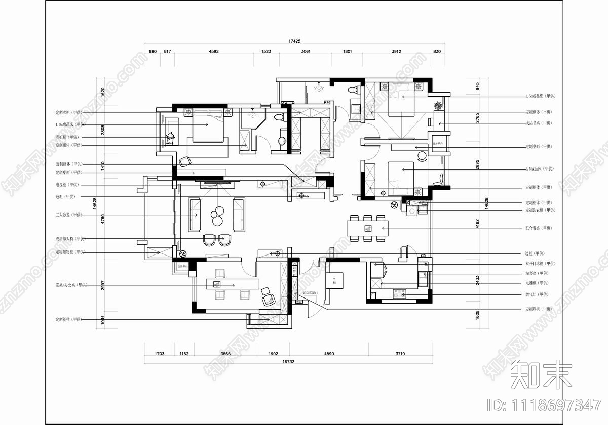 180㎡大平层私宅CAD施工图cad施工图下载【ID:1118697347】