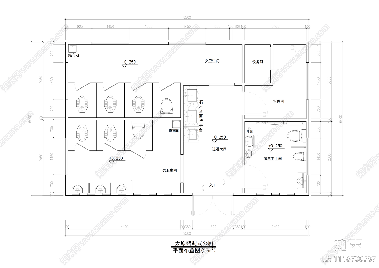 公共卫生间58m²平面布局图施工图下载【ID:1118700587】