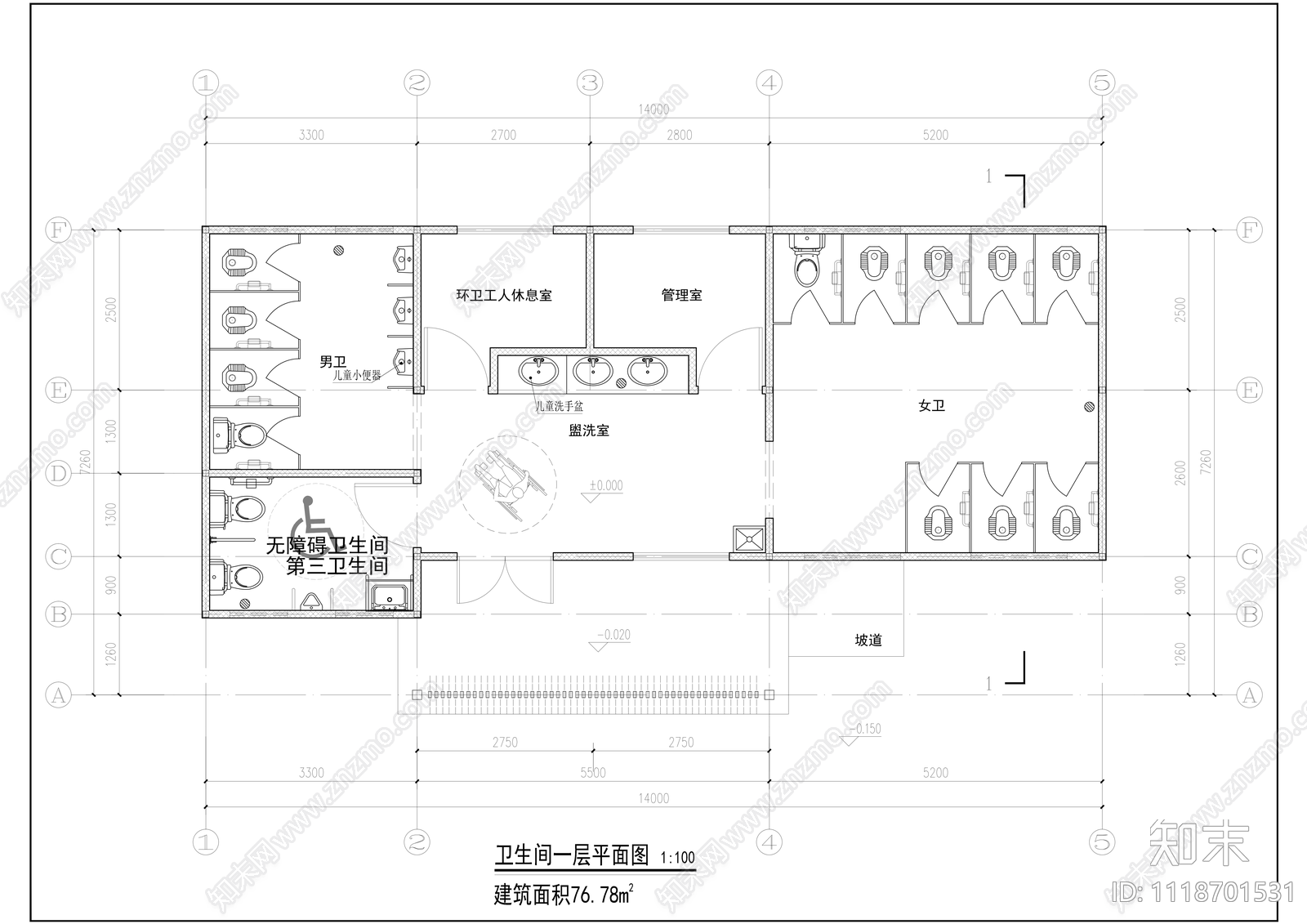 公共卫生间76m²平面布局图施工图效果图施工图下载【ID:1118701531】