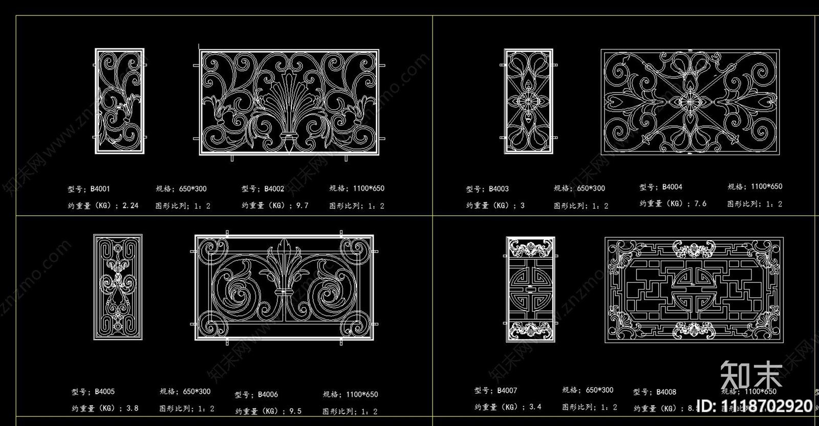 护栏庭院门压铸砂铸花件CAD图库cad施工图下载【ID:1118702920】