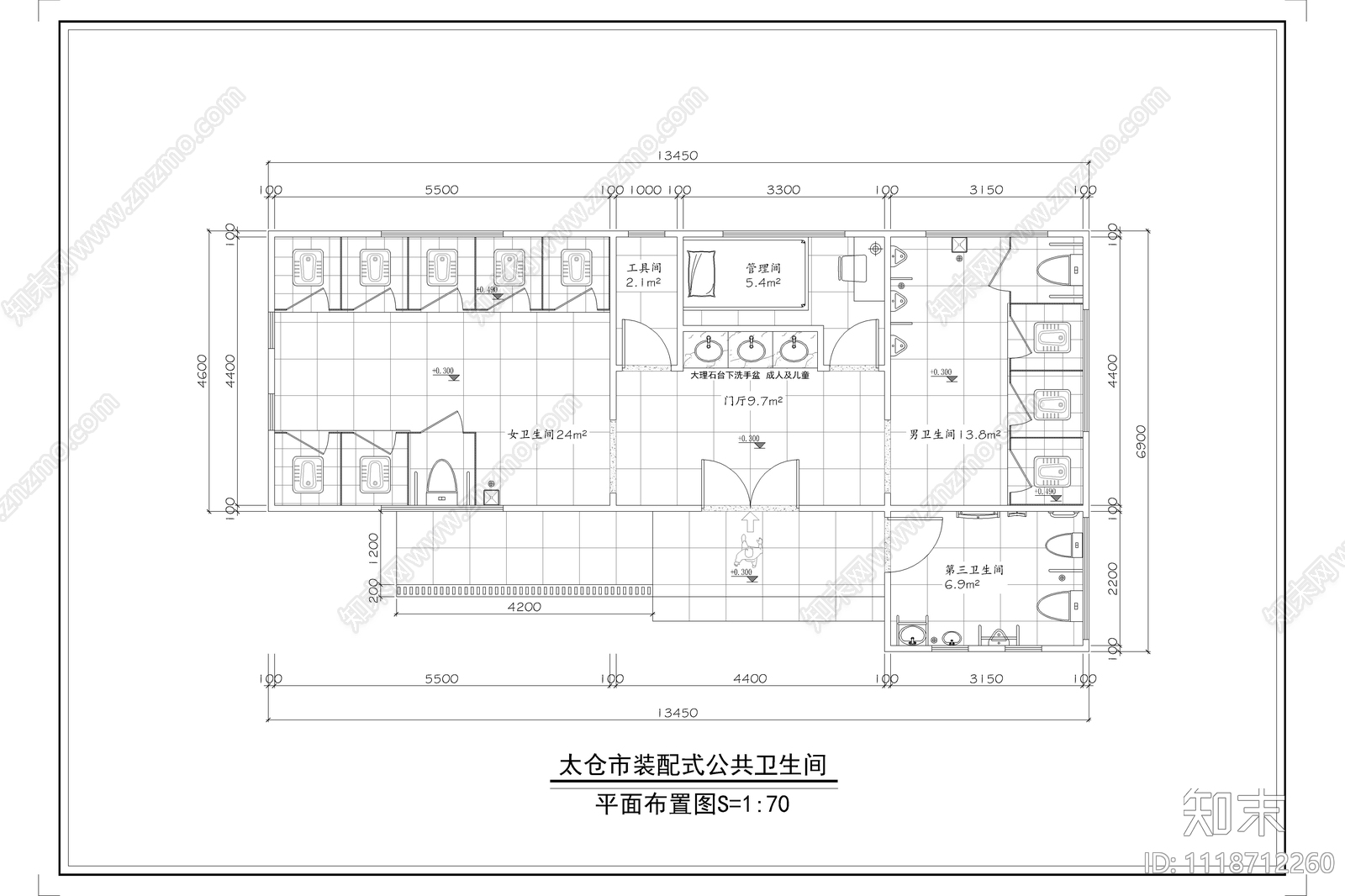 公共卫生间73m²平面布置图cad施工图下载【ID:1118712260】