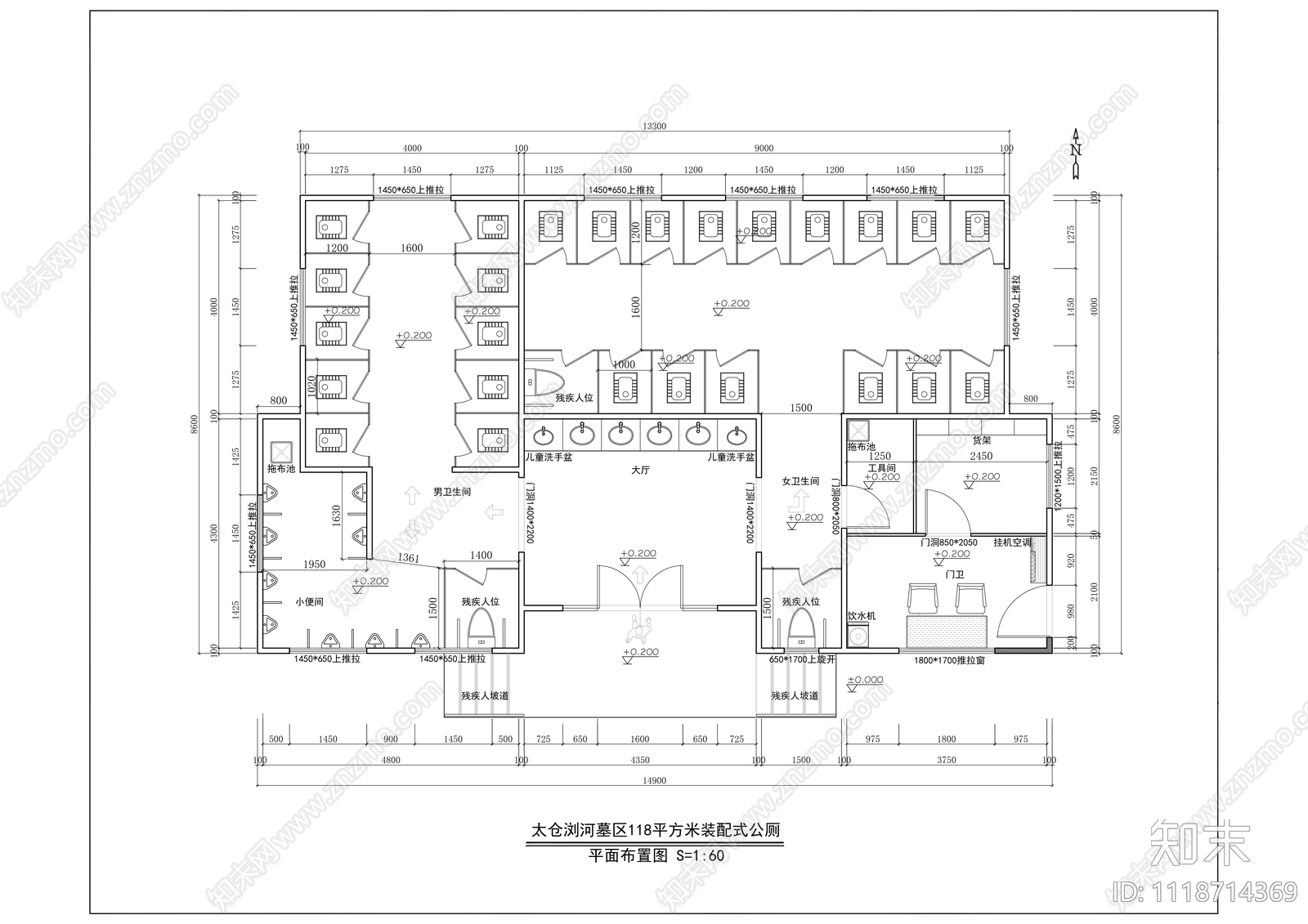 公共卫生间73m²平面图施工图cad施工图下载【ID:1118714369】