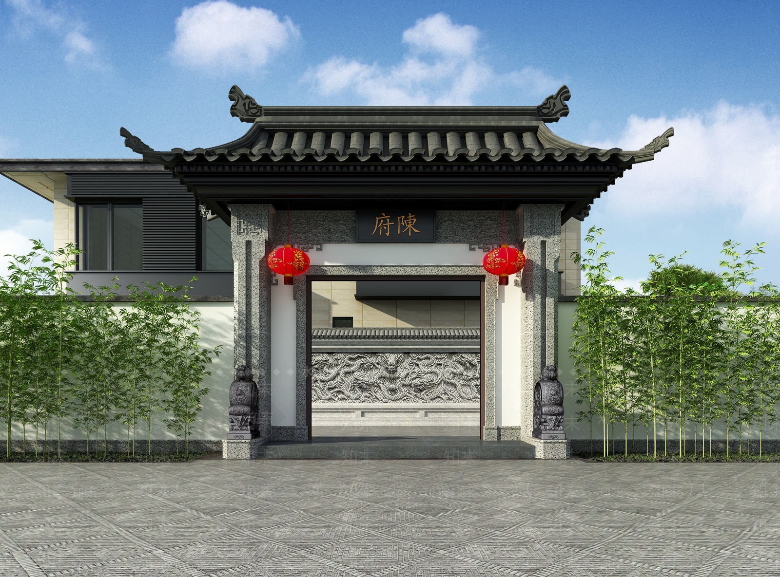 新中式别墅入口大门3D模型下载【ID:1118718223】