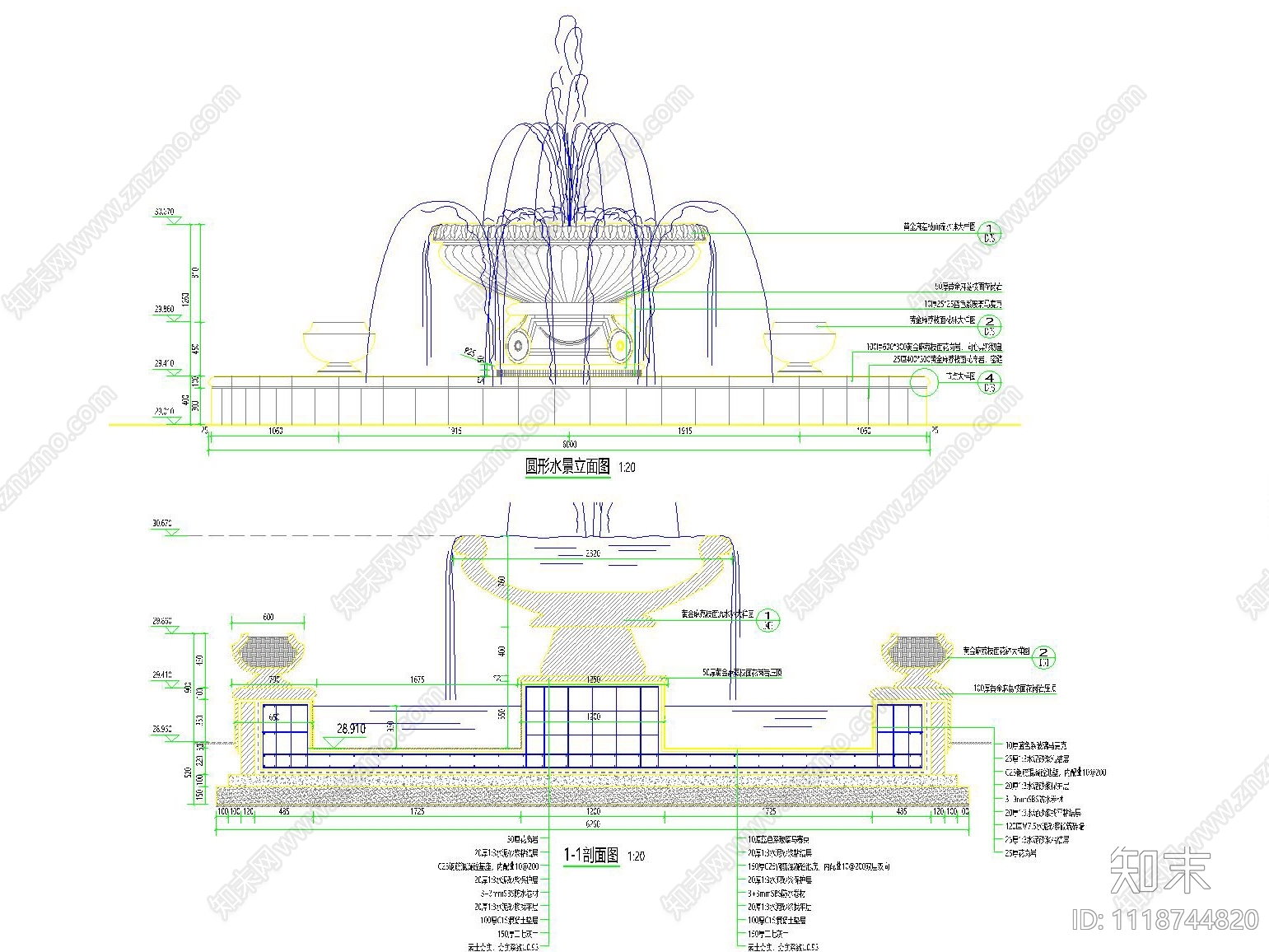 欧式圆形花钵水景全套施工图施工图下载【ID:1118744820】