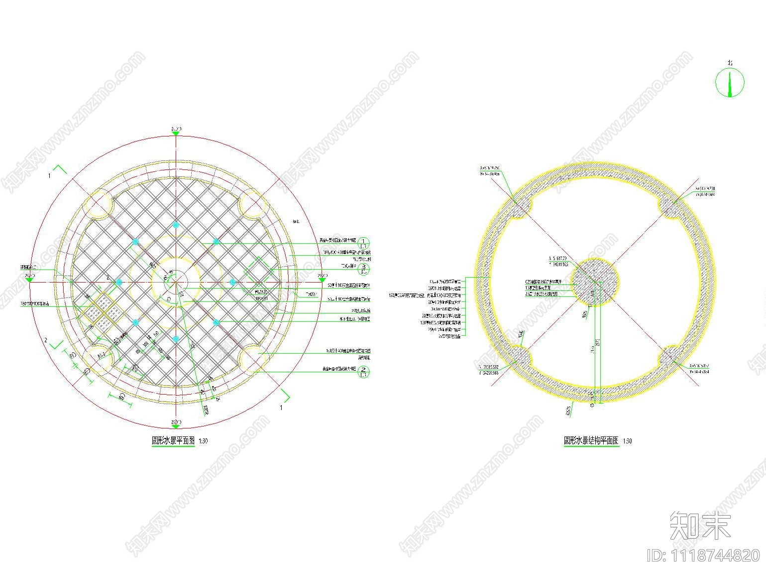欧式圆形花钵水景全套施工图施工图下载【ID:1118744820】