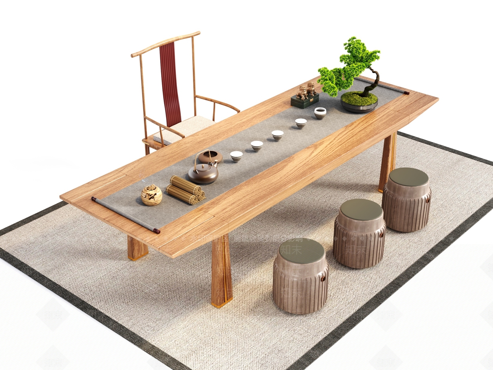 新中式实木茶桌椅组合3D模型下载【ID:1118746664】