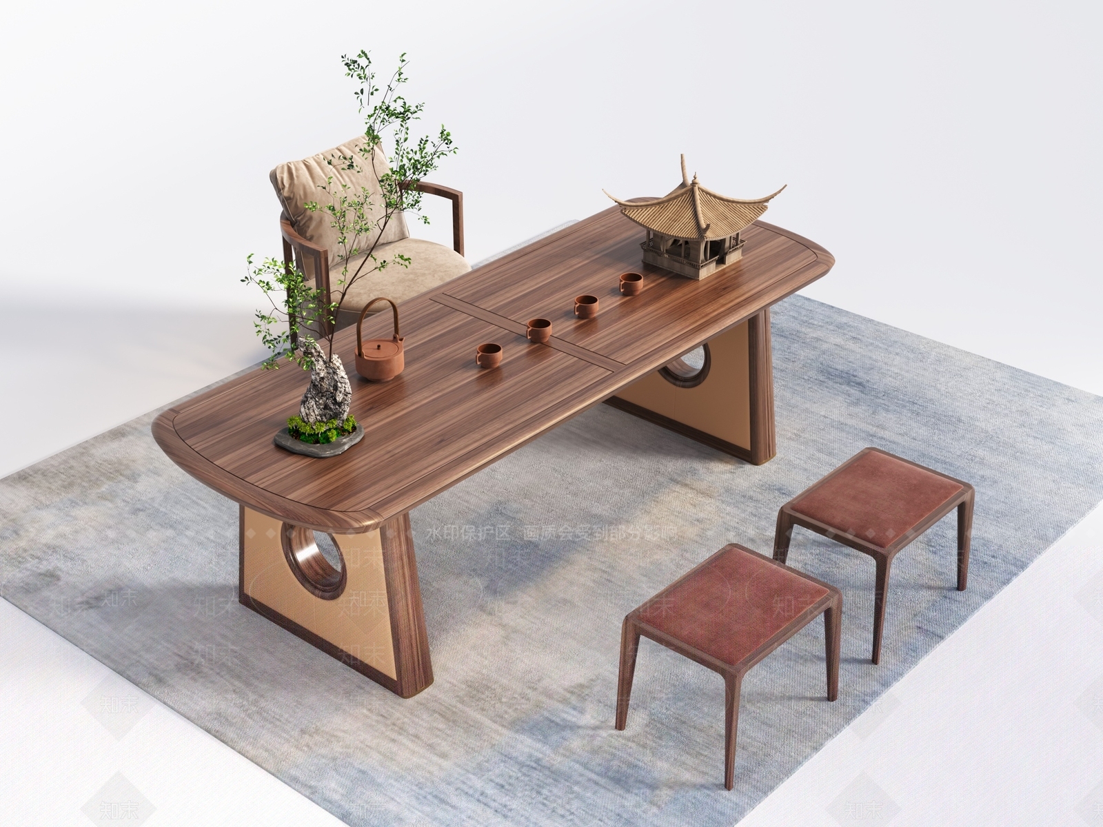 新中式实木茶桌椅组合3D模型下载【ID:1118746987】
