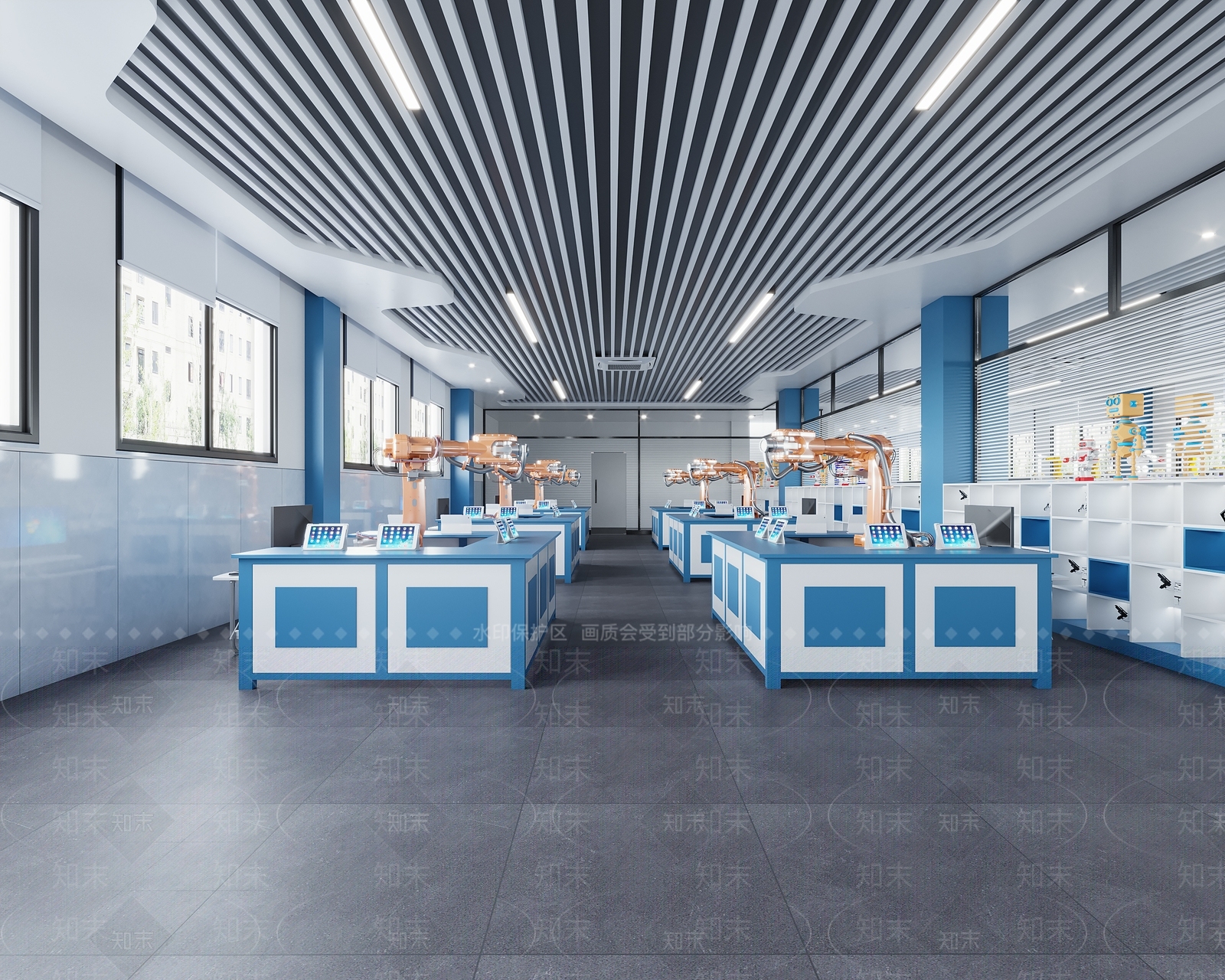 现代机械臂教学展厅3D模型下载【ID:1118758905】