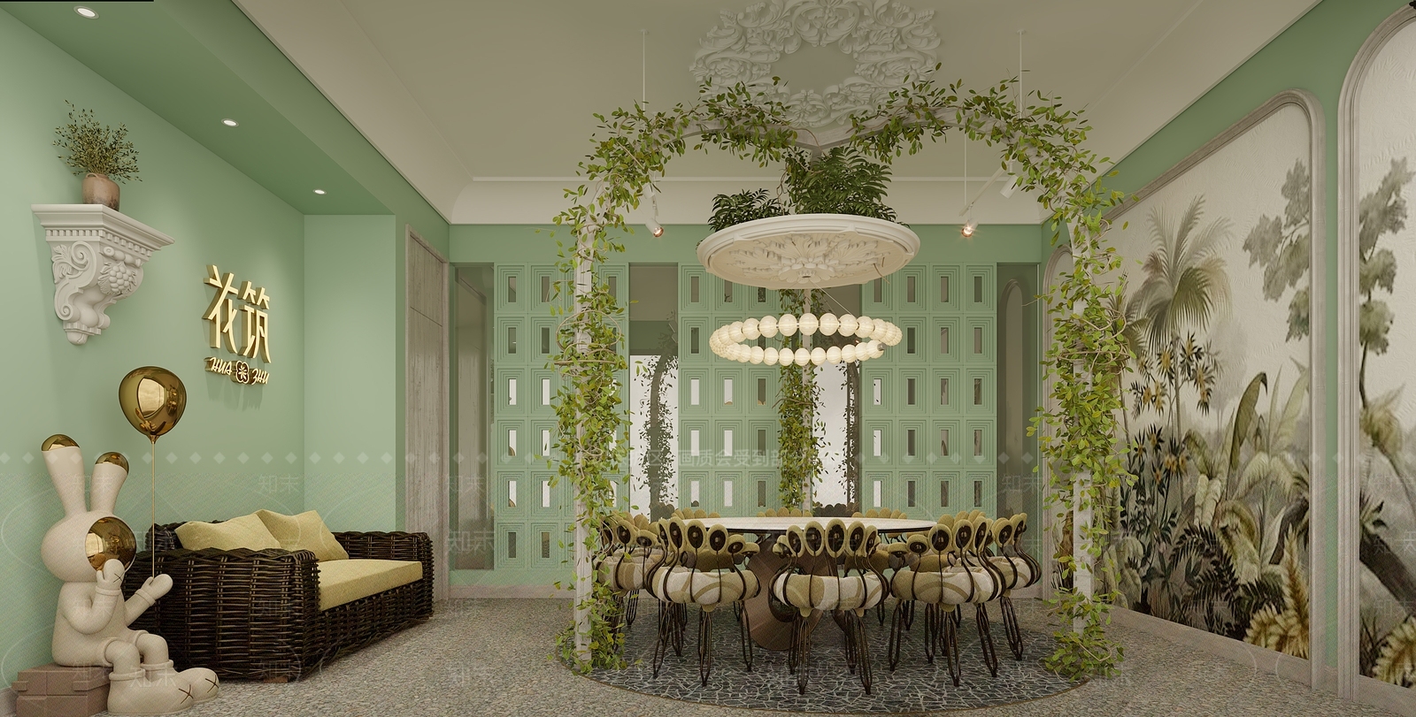 现代植物主题餐厅包厢3D模型下载【ID:1118812506】