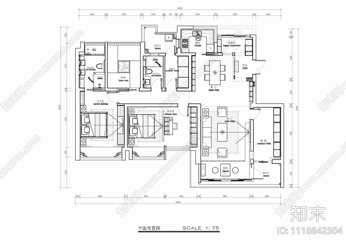 180㎡大平层家装空间室内设计CAD全套施工图施工图下载【ID:1118842304】