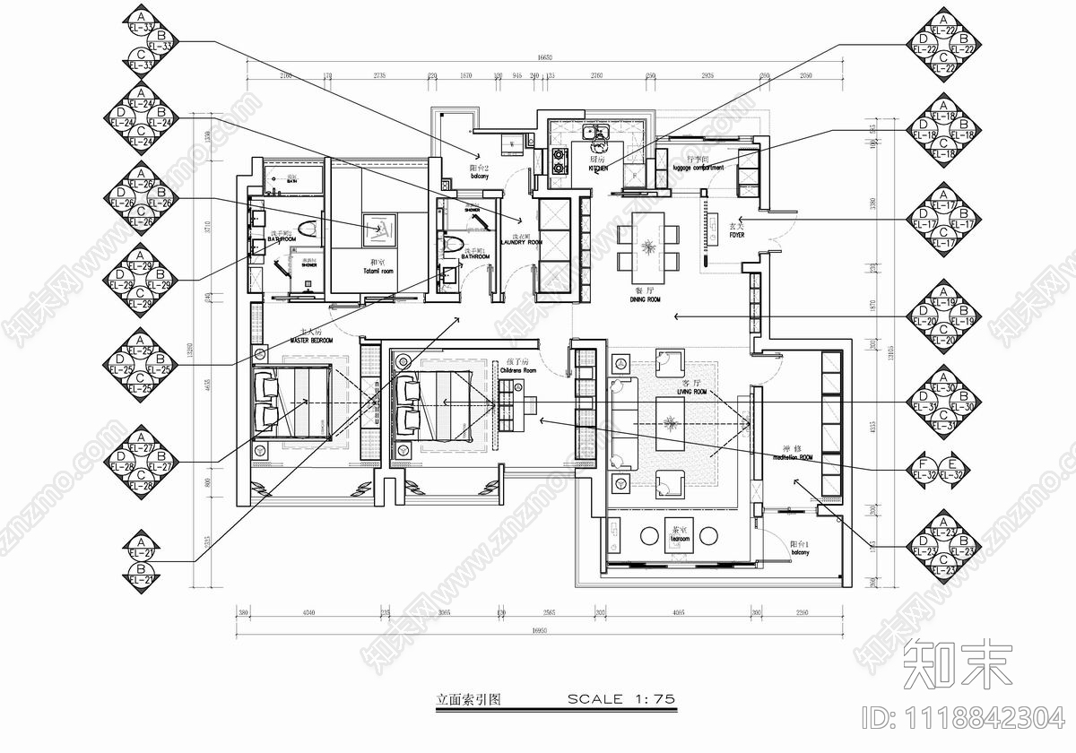 180㎡大平层家装空间室内设计CAD全套施工图施工图下载【ID:1118842304】