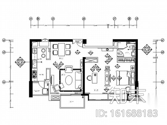 [厦门]简欧风情B户形一居室样板房装修设计施工图cad施工图下载【ID:161688183】