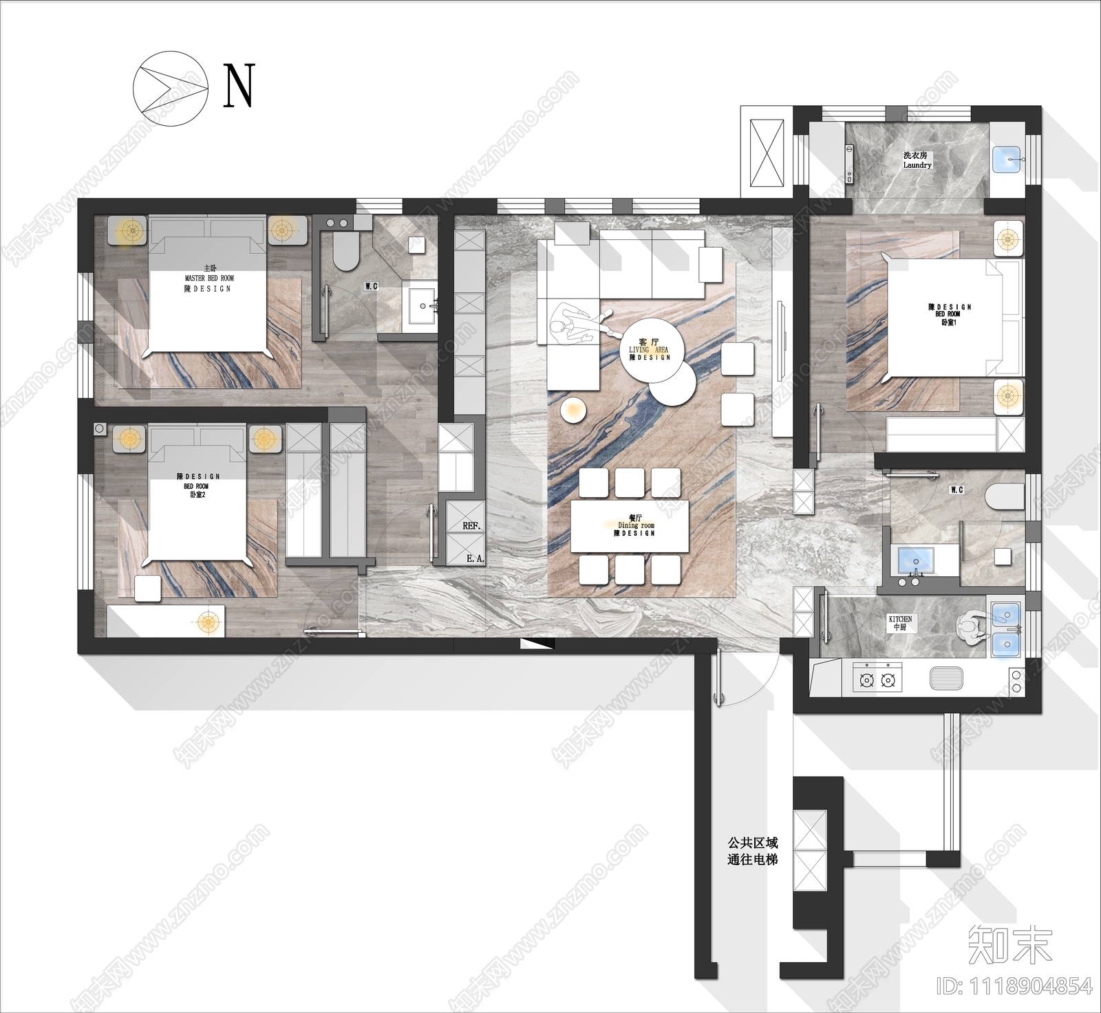 144㎡三房户型优化方案CAD彩平图户型方案施工图下载【ID:1118904854】