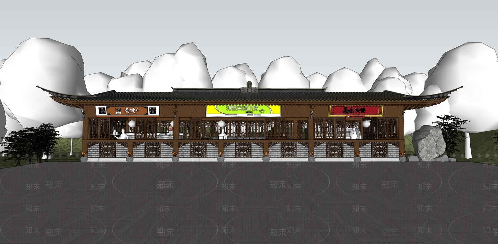 新中式餐饮建筑SU模型下载【ID:1118917780】