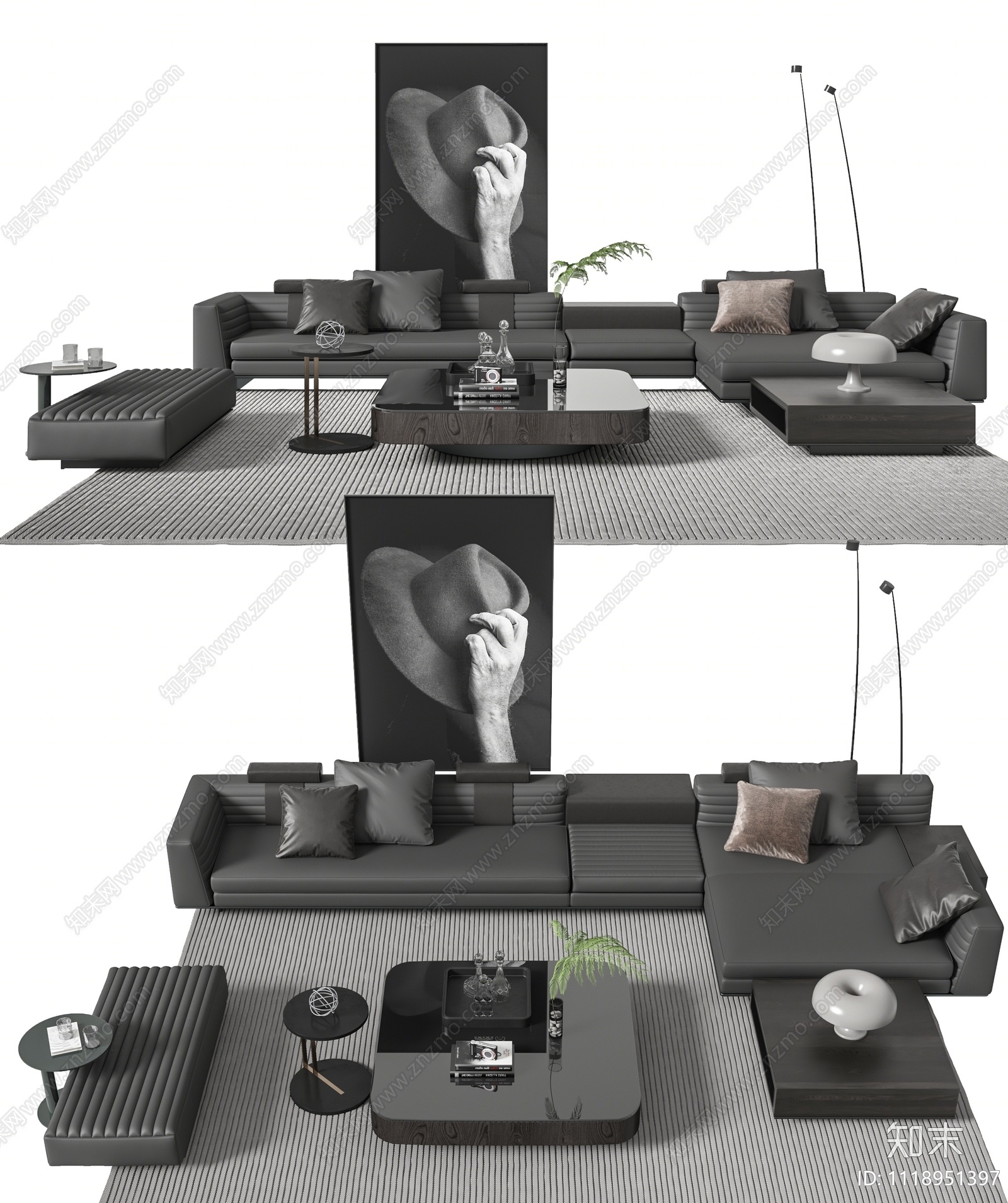 现代黑色皮革沙发茶几组合3D模型下载【ID:1118951397】