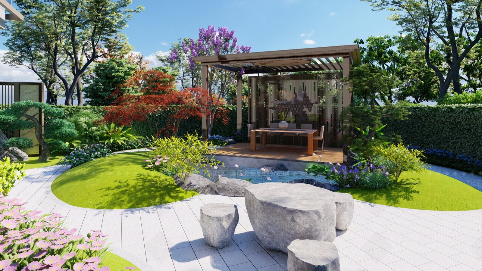 新中式别墅庭院景观设计SU模型下载【ID:1118953346】