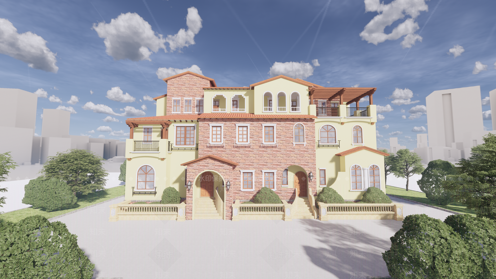 欧式西班牙风情双拼别墅SU模型下载【ID:1118959530】