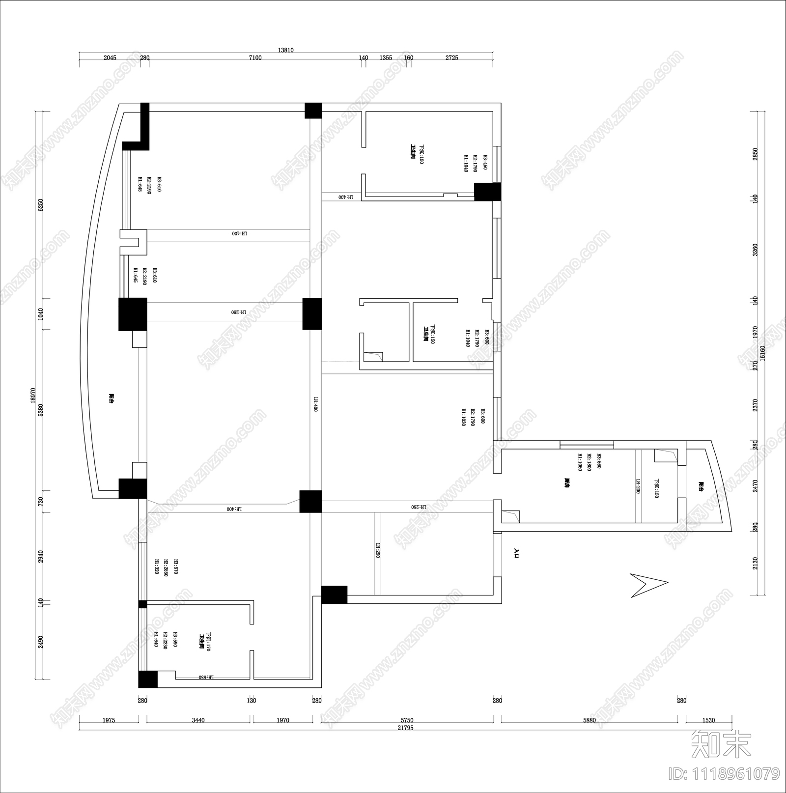 260㎡大平层室内平面图彩平图CAD施工图施工图下载【ID:1118961079】