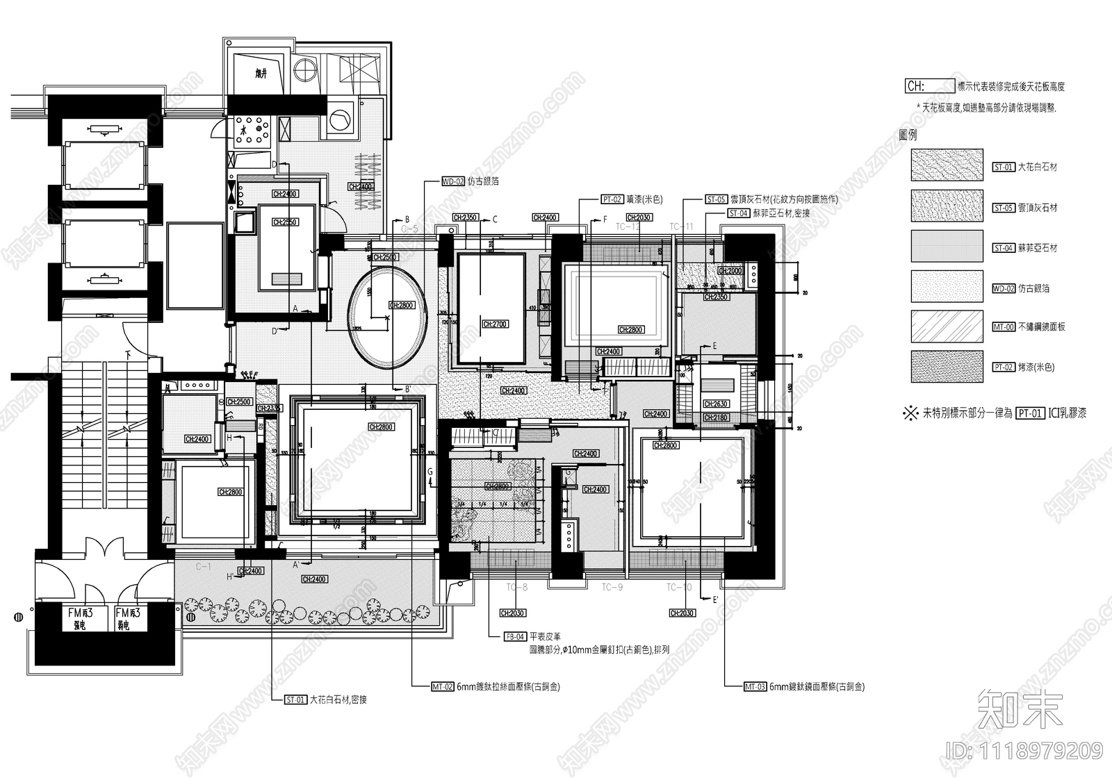 220㎡大平层CAD施工图cad施工图下载【ID:1118979209】