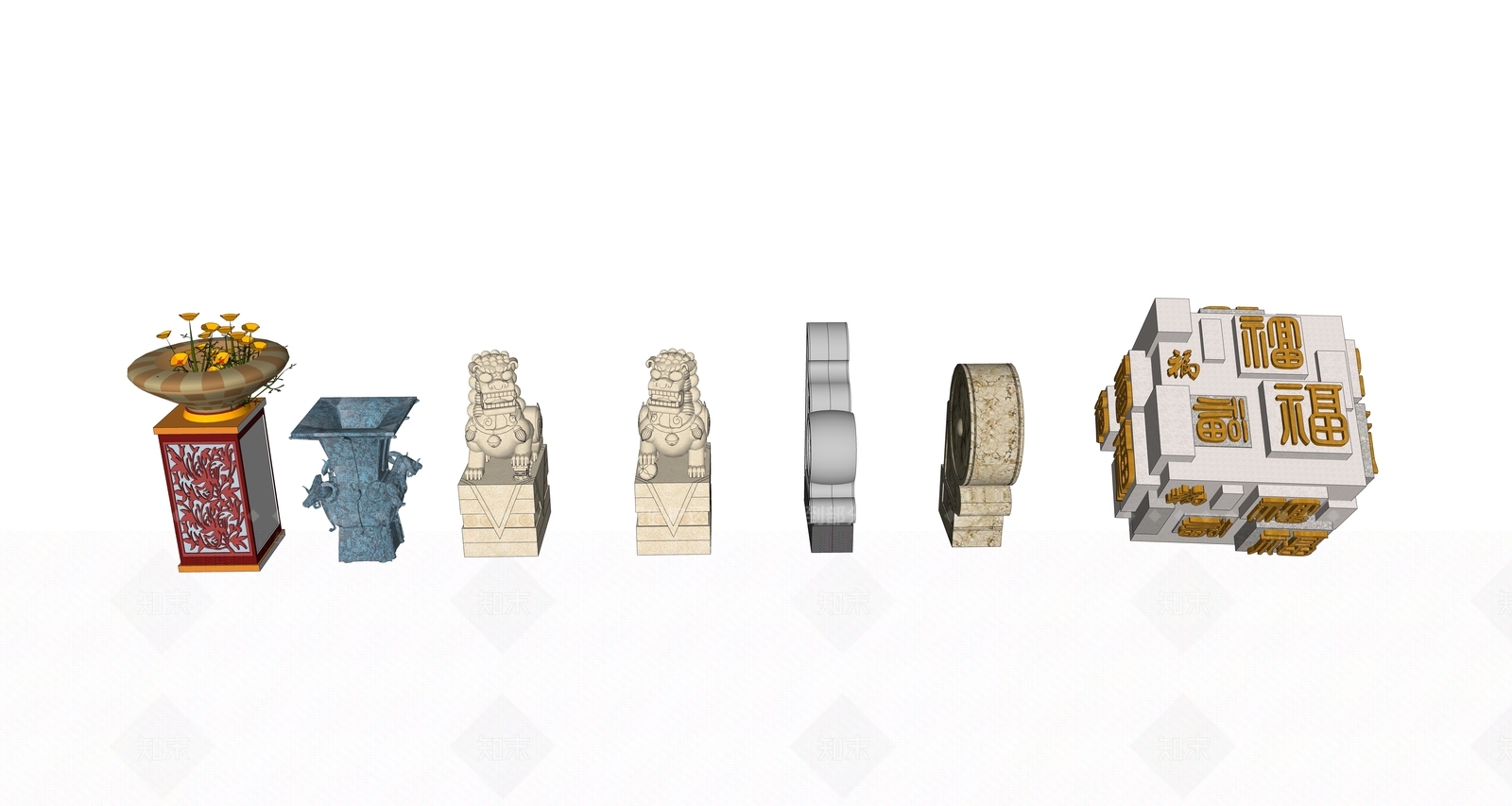 中式石鼓石狮子SU模型下载【ID:1119024561】