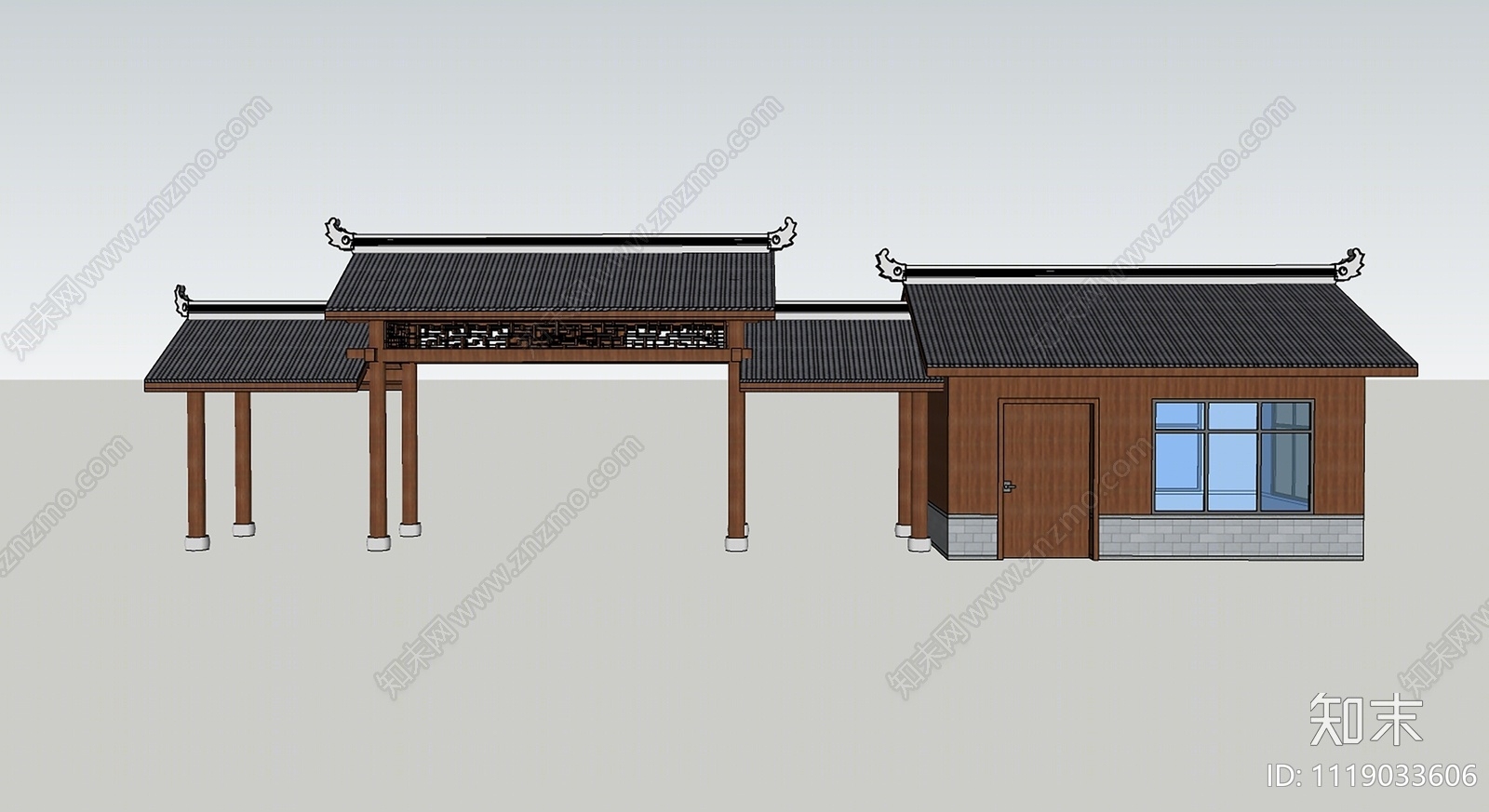 中式乡村公园入口门头SU模型下载【ID:1119033606】