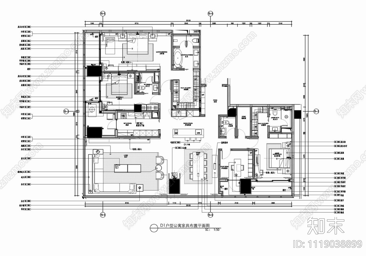 250㎡大平层CAD施工图cad施工图下载【ID:1119038899】