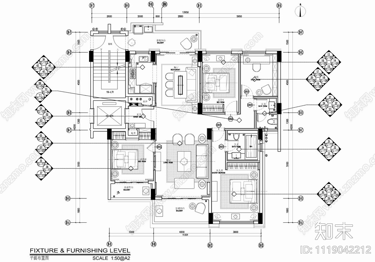 150㎡大平层平立面CAD施工图cad施工图下载【ID:1119042212】