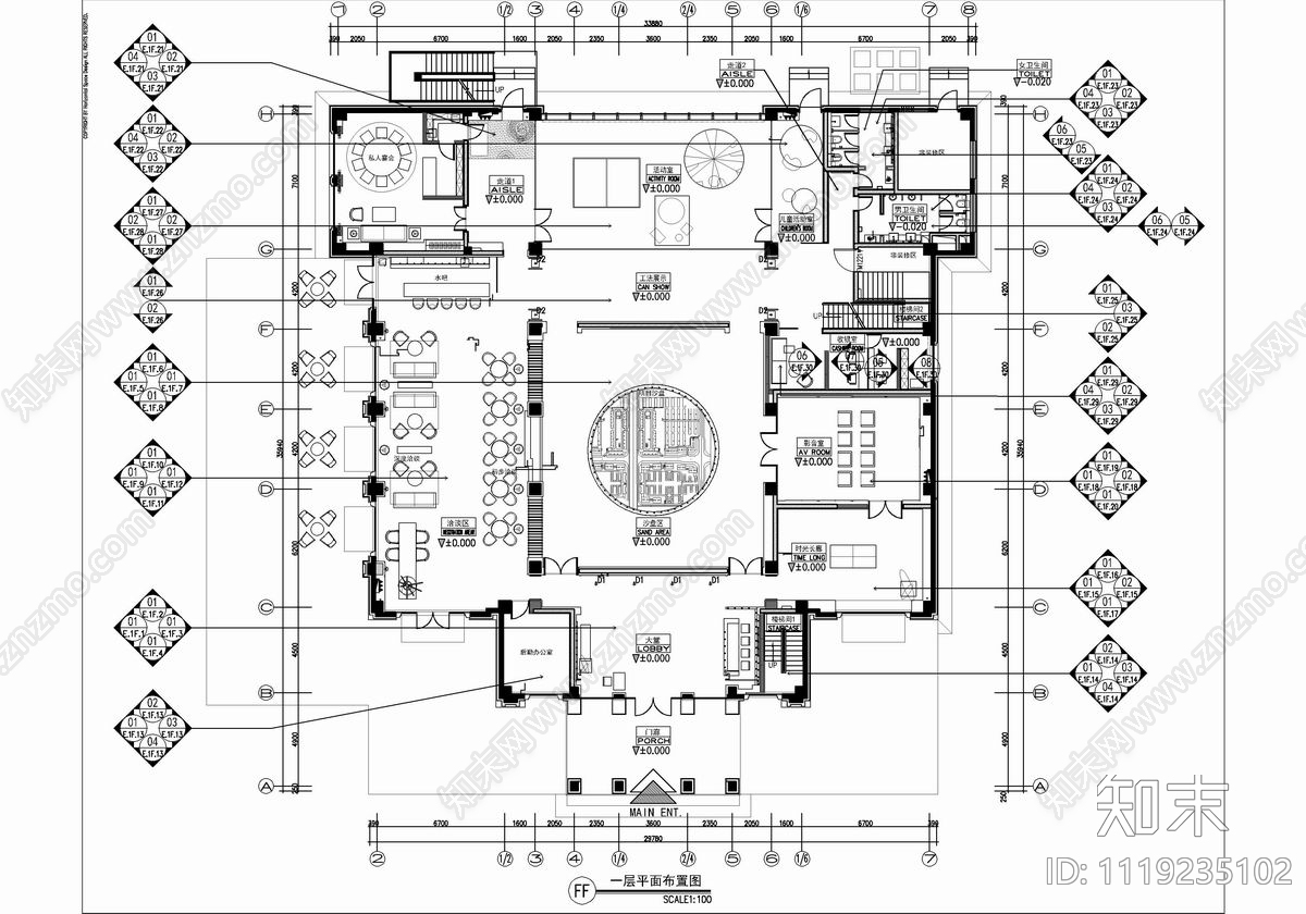 900㎡售楼处销售中心CAD施工图cad施工图下载【ID:1119235102】