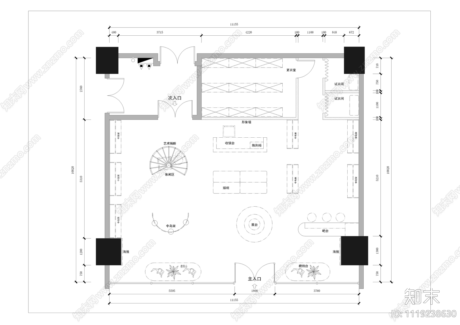 后现代女装服饰店CAD平面布置图施工图下载【ID:1119238630】