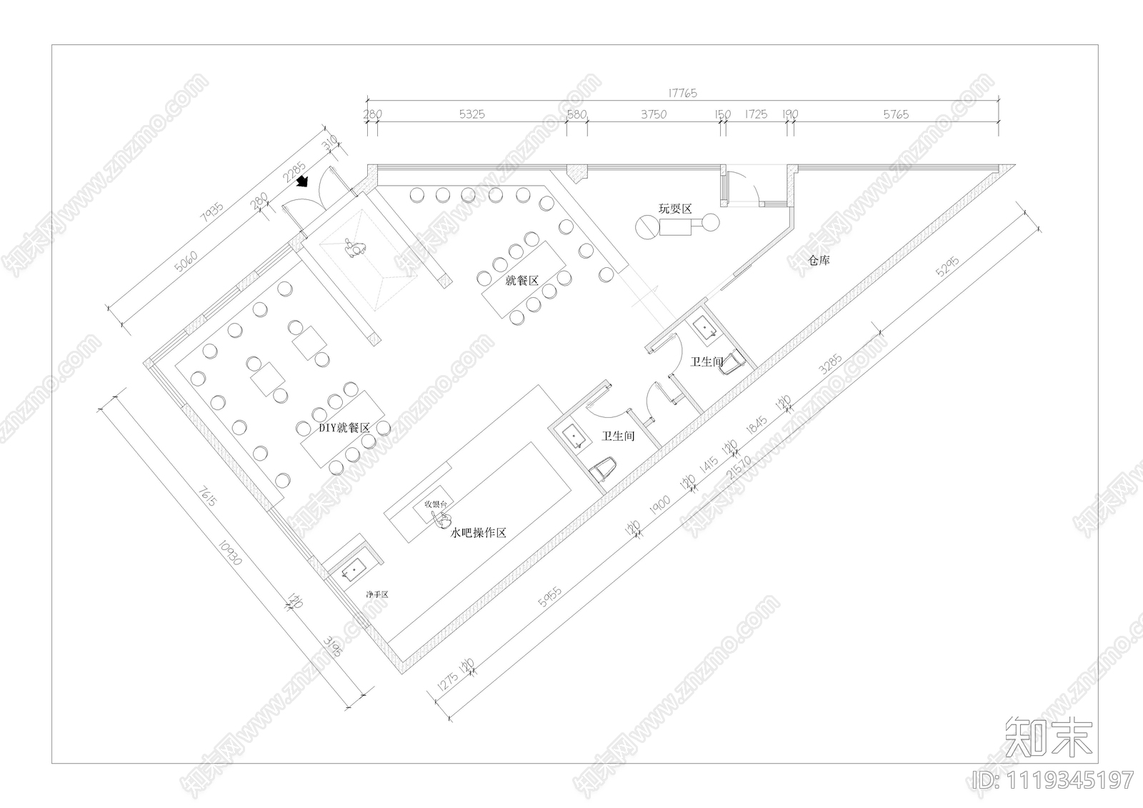 咖啡饮品简餐复合餐厅CAD平面布置图施工图下载【ID:1119345197】