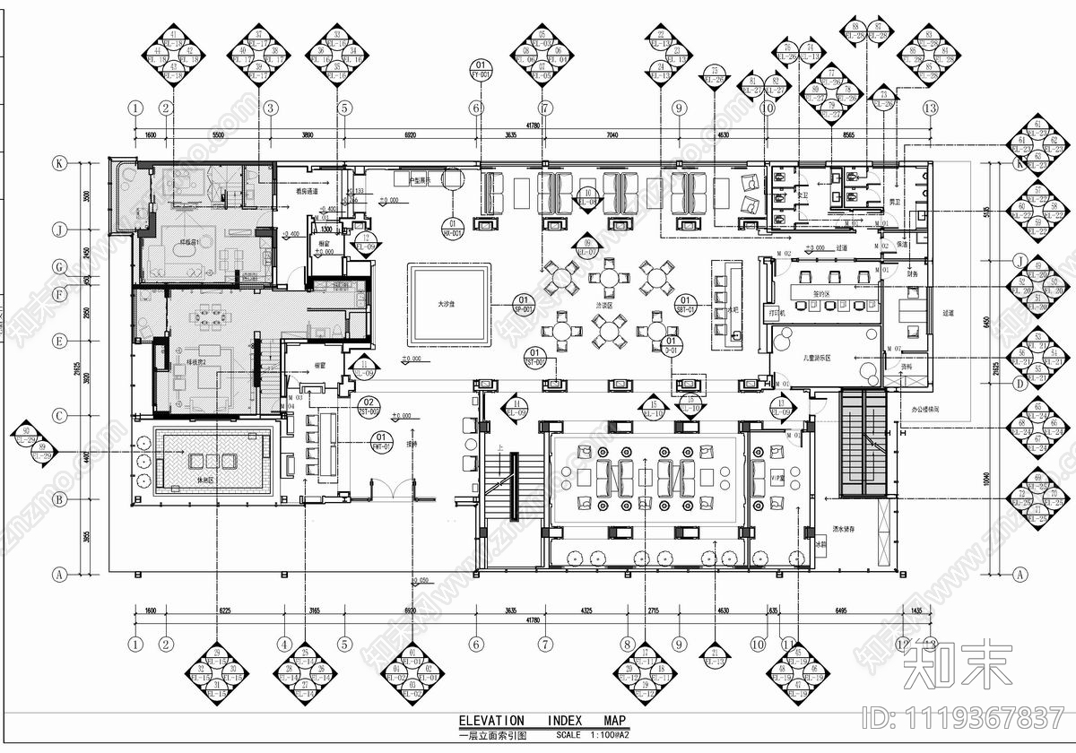 800㎡售楼处CAD平立面施工图施工图下载【ID:1119367837】