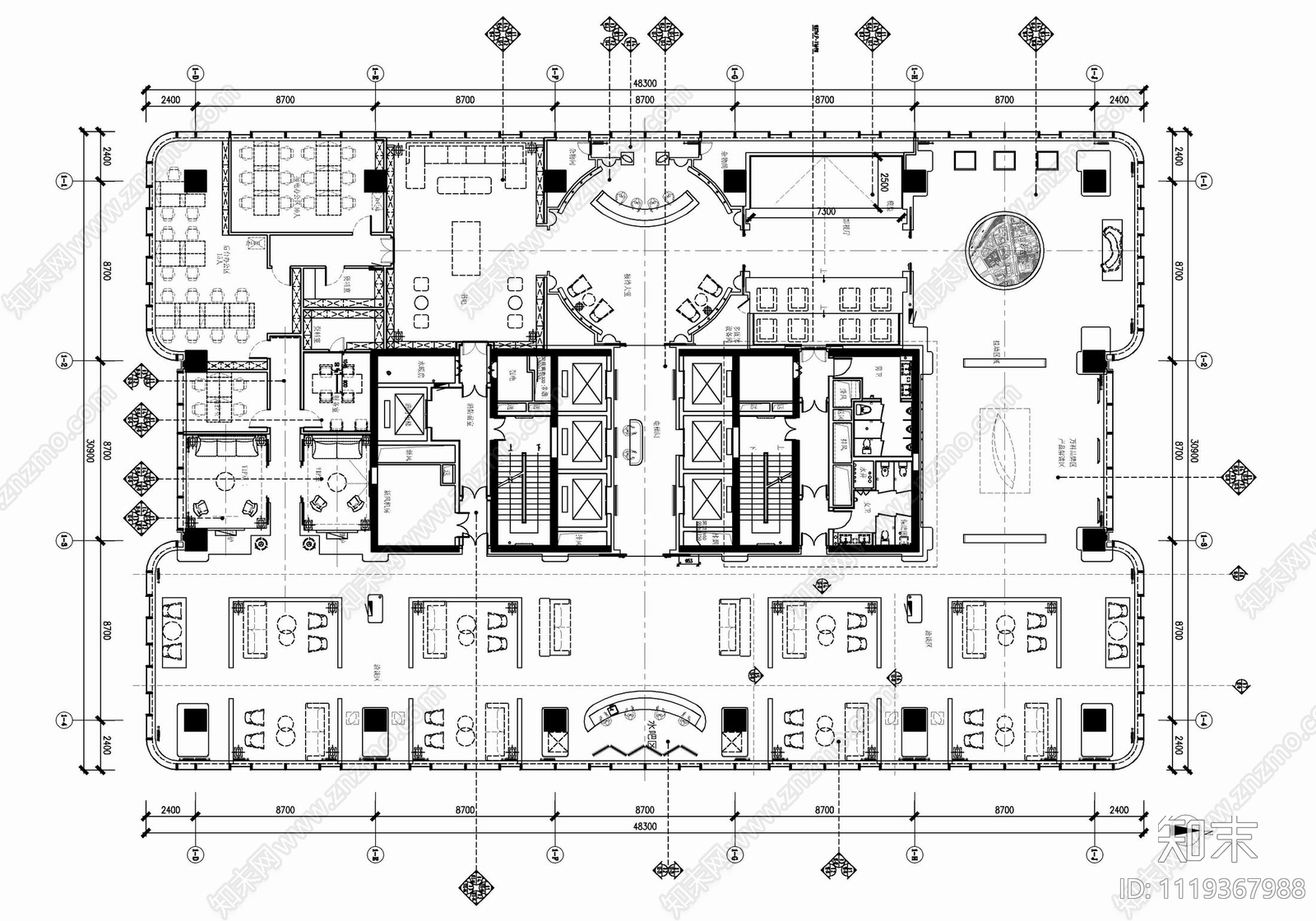 3000㎡销售中心CAD平立面施工图cad施工图下载【ID:1119367988】