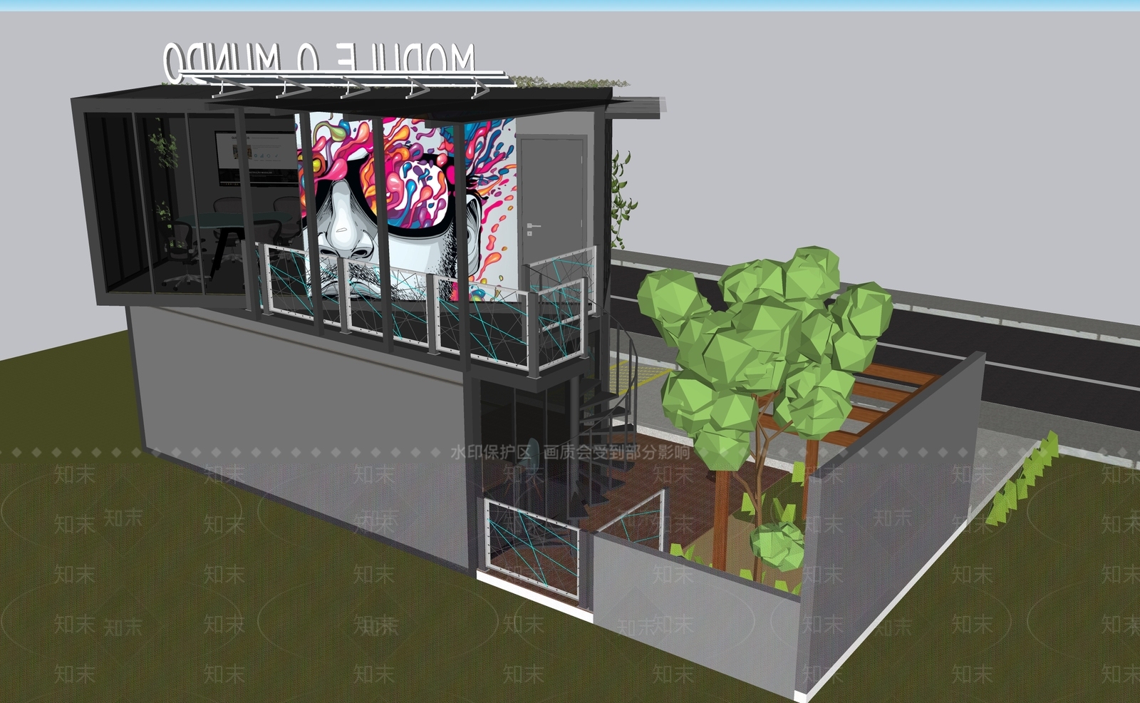 现代集装箱餐饮建筑SU模型下载【ID:1119423130】