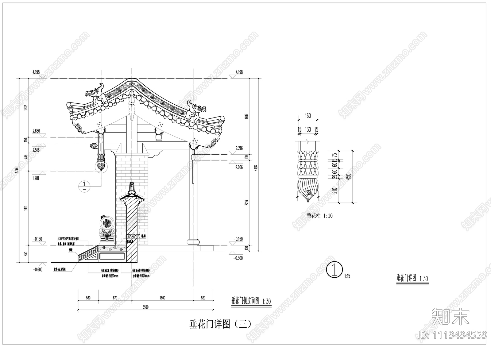 中式四柱垂花门节点施工图施工图下载【ID:1119494559】