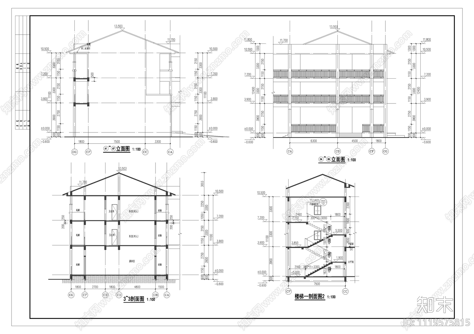 田园风格养老院建筑施工图cad施工图下载【ID:1119575815】