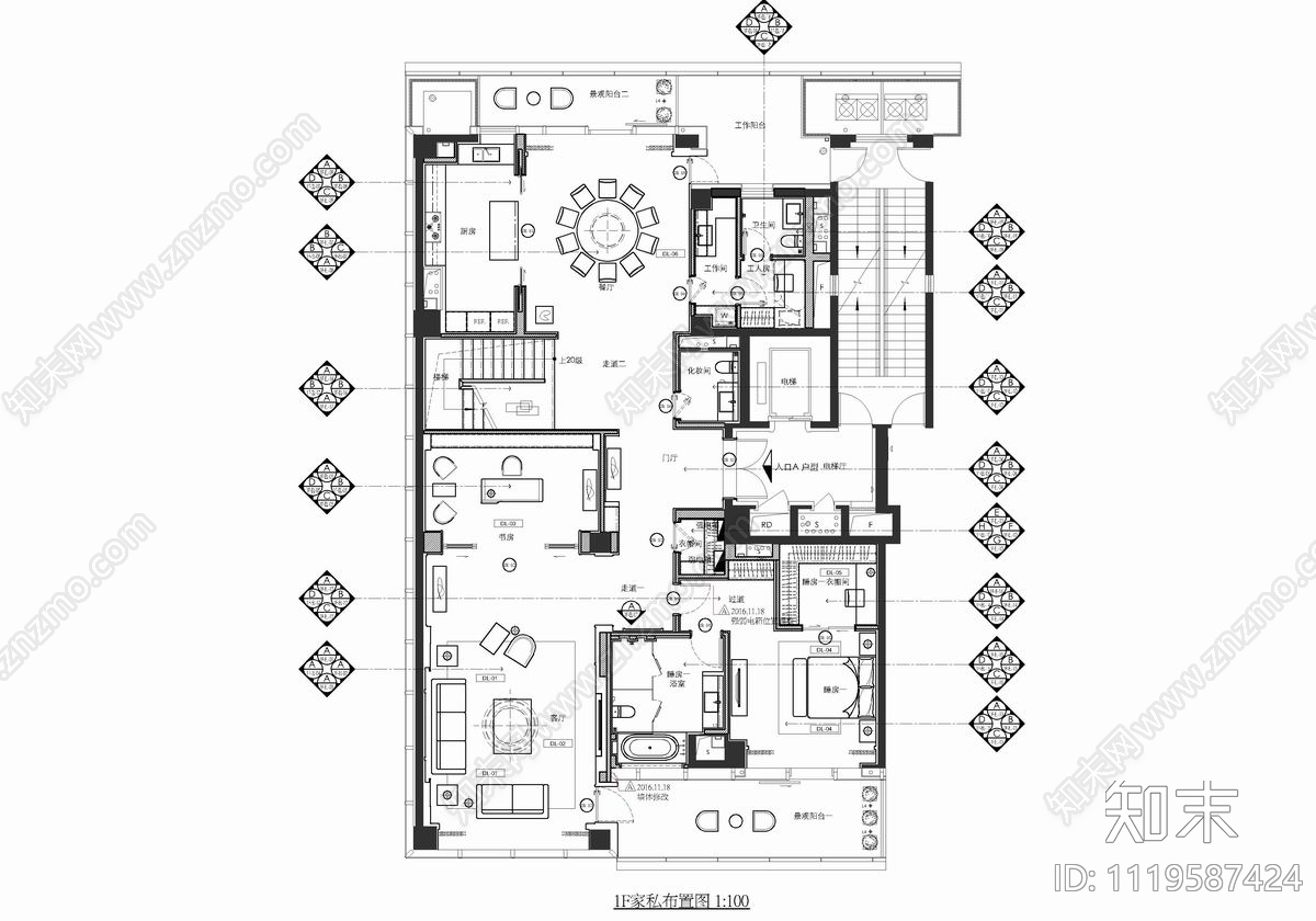 560㎡两层别墅样板间平面图CAD施工图施工图下载【ID:1119587424】