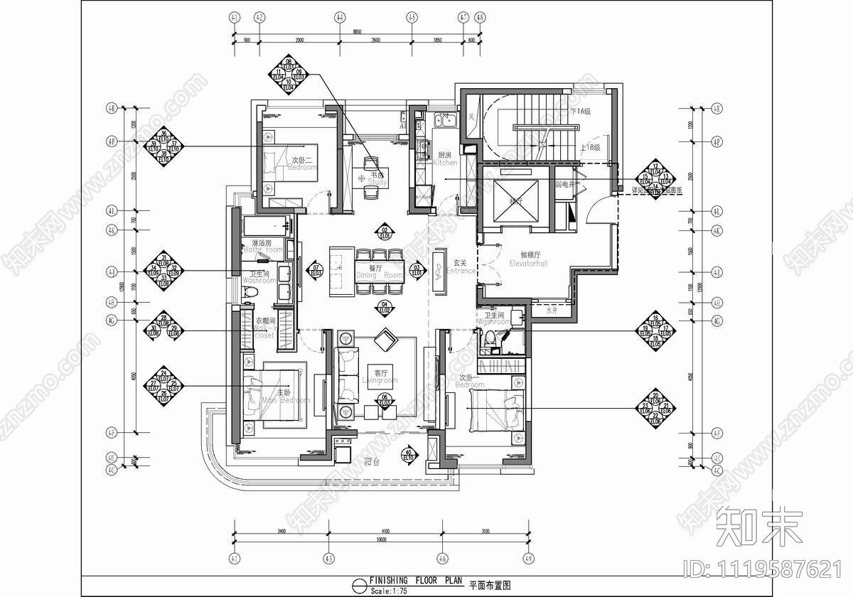 158㎡家装样板房平层CAD施工图施工图下载【ID:1119587621】