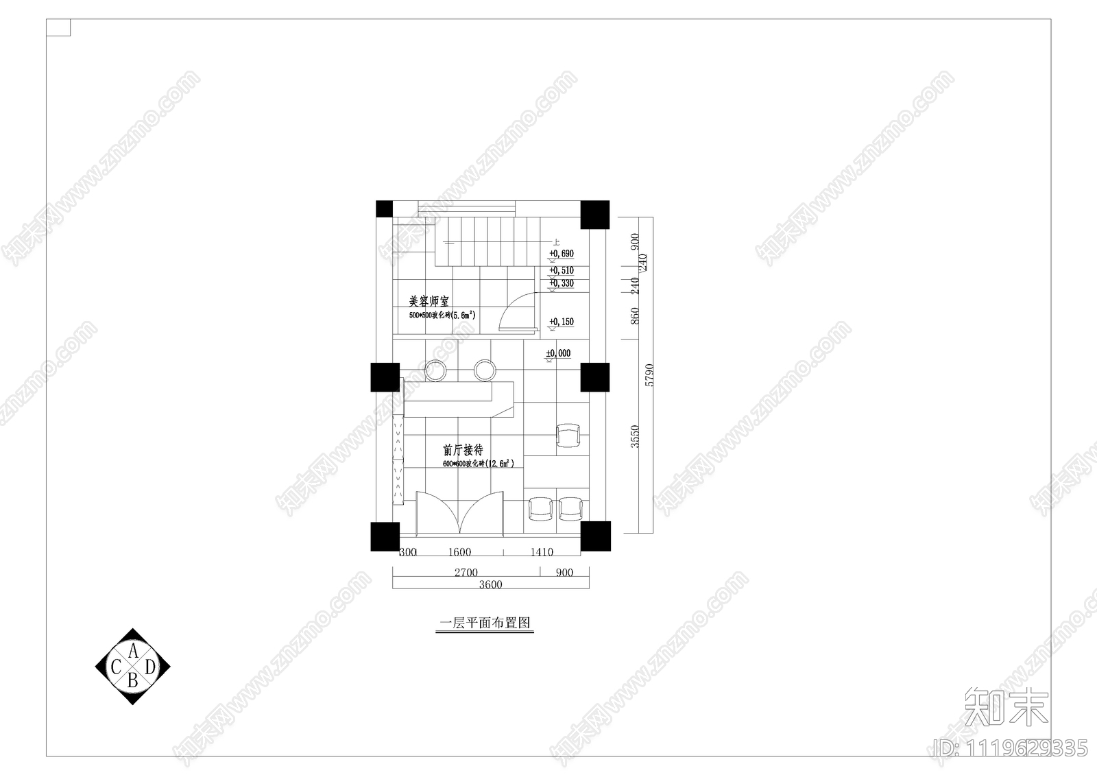 美容院全套室内空间装修图cad施工图下载【ID:1119629335】