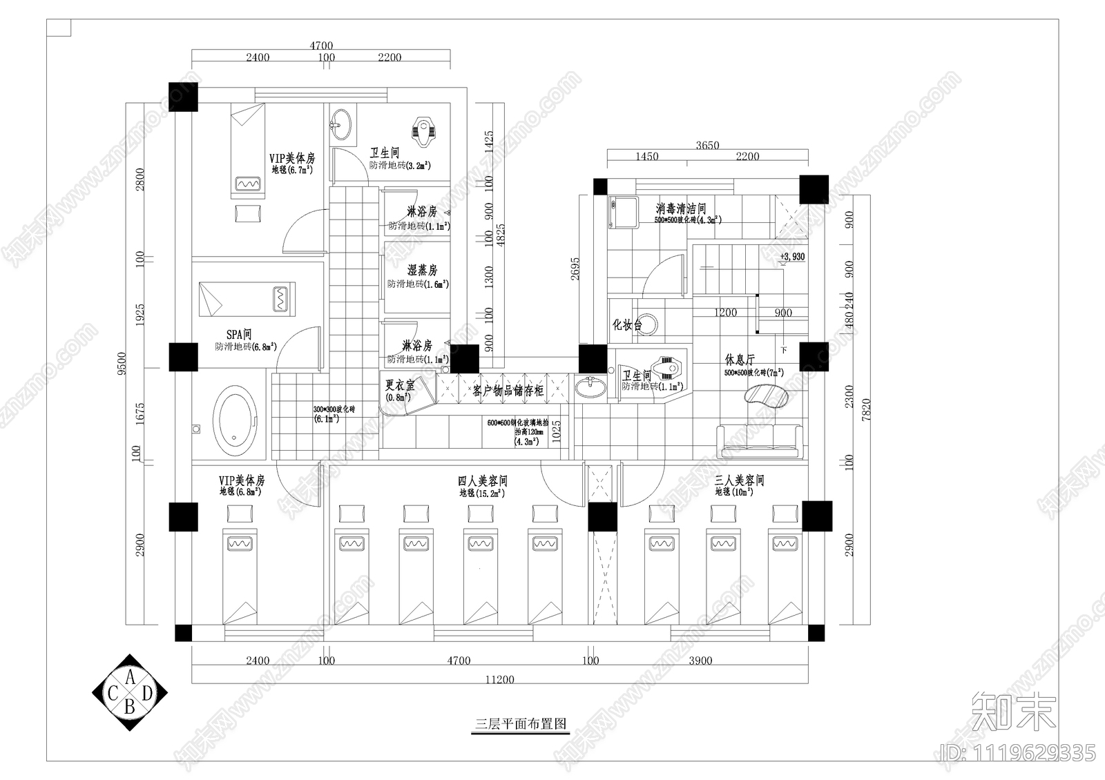 美容院全套室内空间装修图cad施工图下载【ID:1119629335】