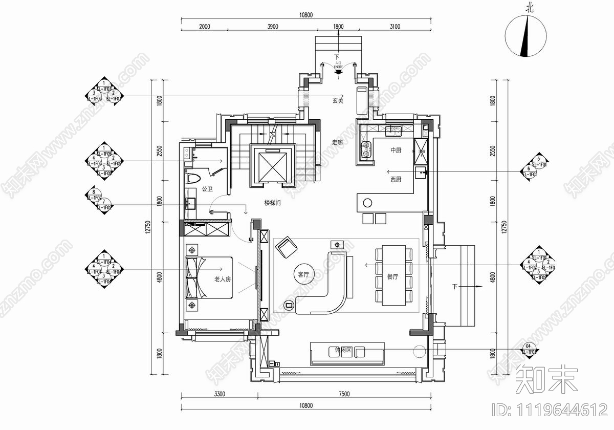 四层别墅样板间CAD平面施工图cad施工图下载【ID:1119644612】