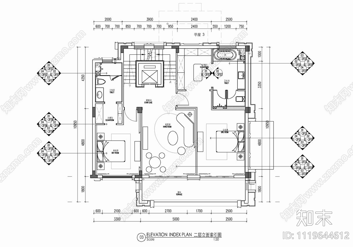 四层别墅样板间CAD平面施工图cad施工图下载【ID:1119644612】