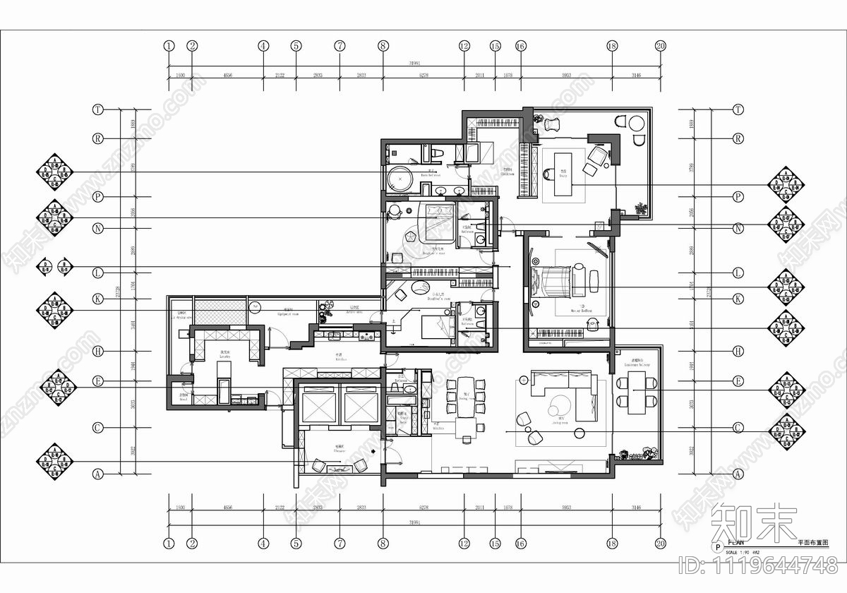 400㎡家装豪宅大平层CAD施工图cad施工图下载【ID:1119644748】